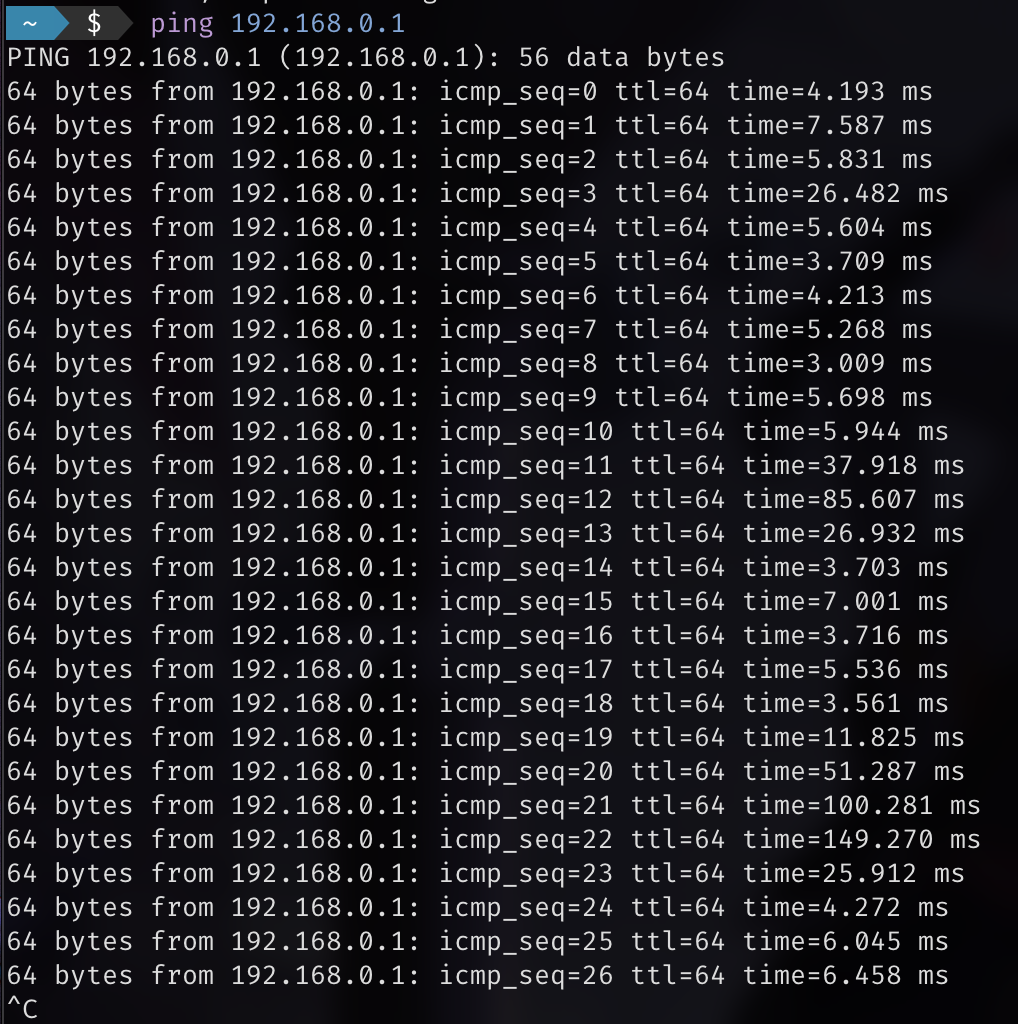 Terminal displaying an irregular ping pattern, often spiking from an average of 5 milliseconds to over 100