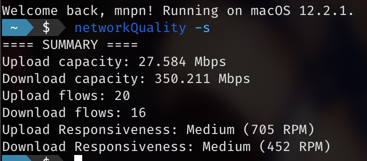 Terminal displaying a network speed of 350 Mbps from a networkQuality test